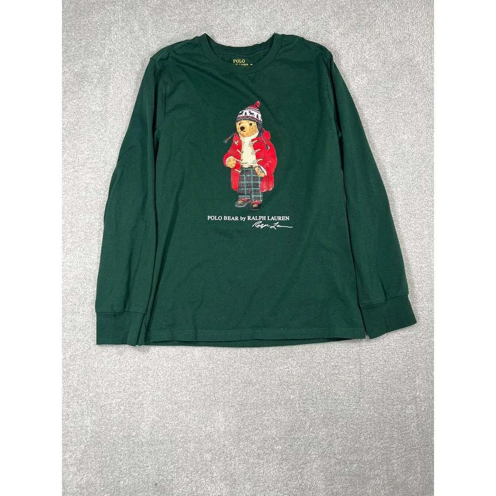 Polo Ralph Lauren Boys Large 14-16 Green Long Sleeve Polo Bear Graphic T-Shirt